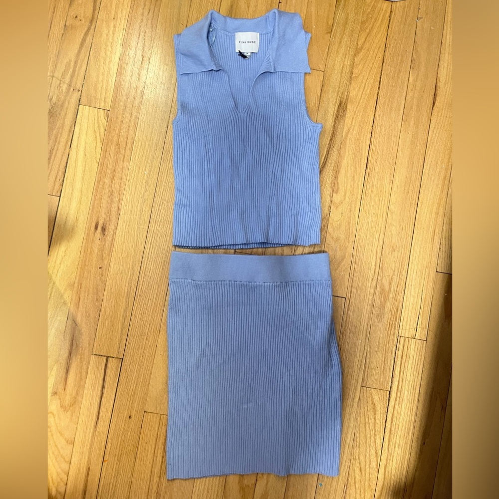 Blue Ribbed Sleeveless Top and Skirt Set